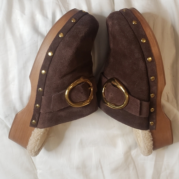 Vince Camuto Canzenee Sherpa Women  7.5 Brown Suede Wooden Wedge Heel Clog Shoes - Picture 7 of 16